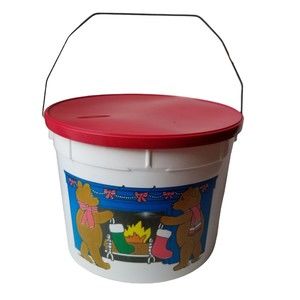Vintage Christmas Bucket w Lid metal handle Holiday Shamrock Ind 5 Qt Teddy Bear